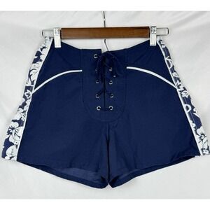 Vtg OP Ocean Pacific Board Shorts Navy Hibiscus Lace Up High Waist XS (Tag 5)